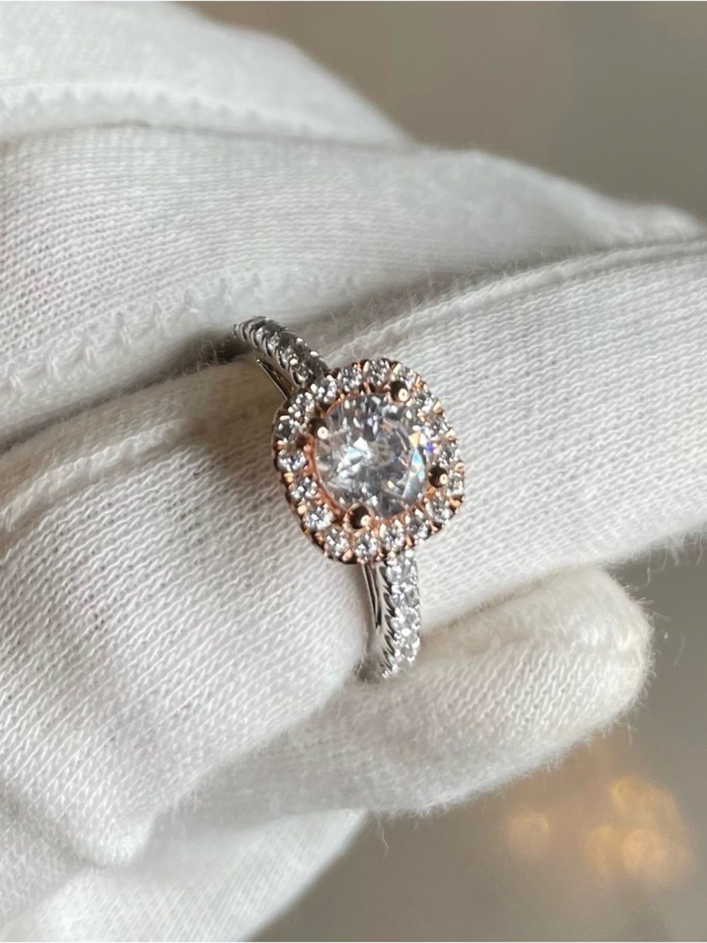 Two-Tone Rose and Silver Halo Engagement Ring - Women's Sparkling Solitaire